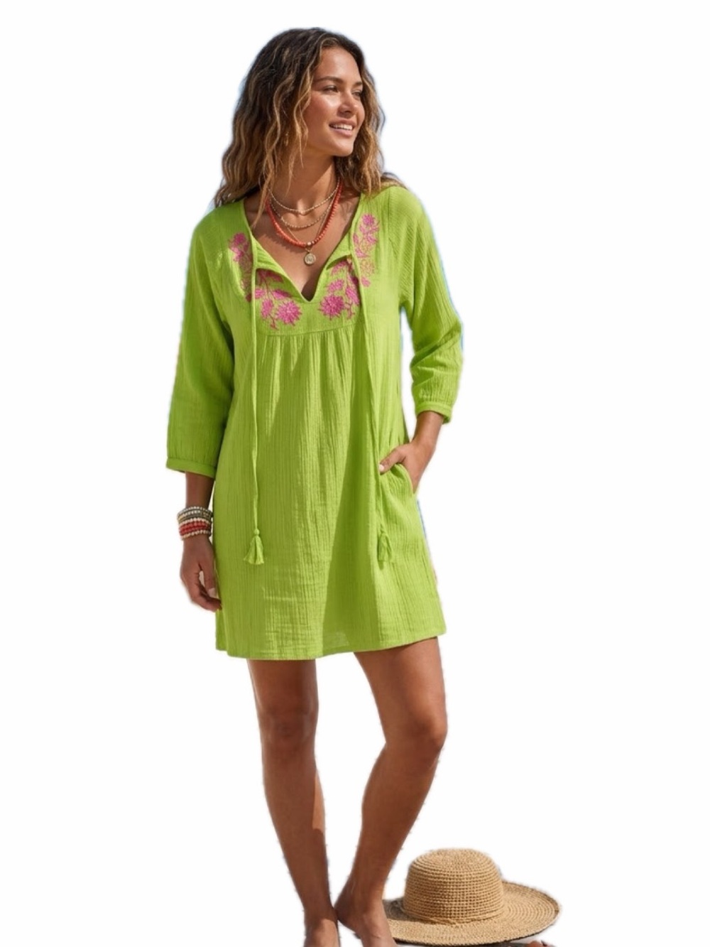 CITY HEARTS WOMEN XL GREEN/PINK 100% COTTON SWIM COVERUP DRESS NWT